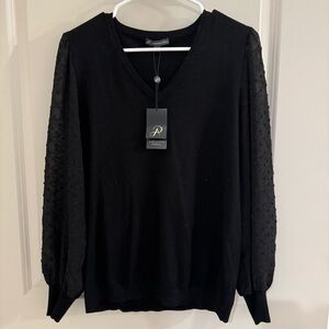 Adrianna Papell Black V-Neck Clip Dot Sleeve Sweater - M